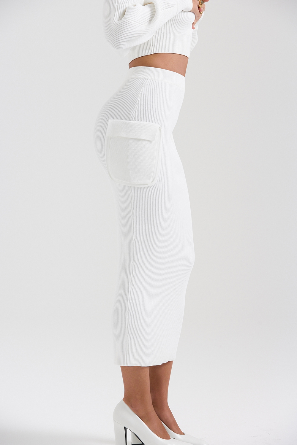 Maeve  White Ribbed Knit Cargo Skirt — image 7