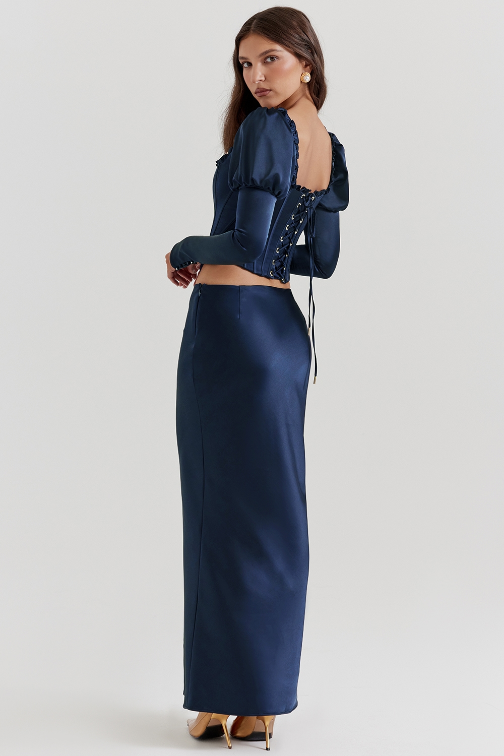 Charlene  Navy Satin Bias Cut Maxi Skirt — image 8
