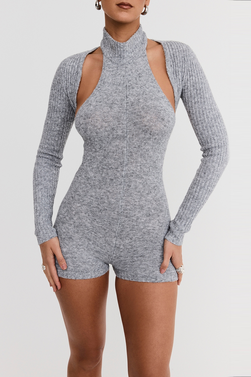 Mistress Rocks Grey Marl Knitted Playsuit With Shrug - SALE — image 4