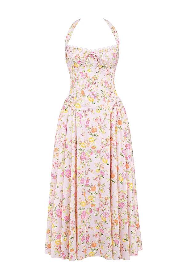 Adabella  Pink Meadow Print Cotton Halter Midi Sundress — image 18