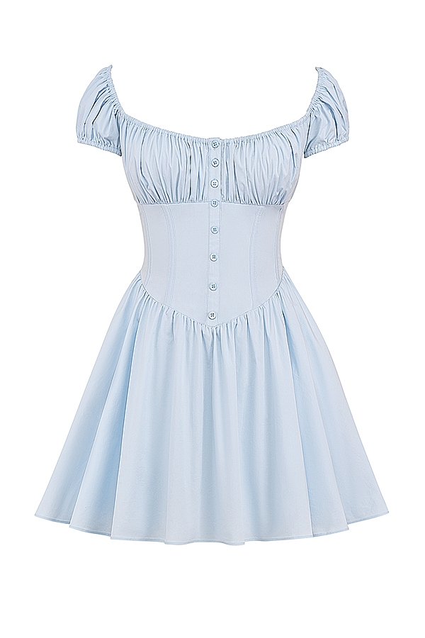 Nala  Soft Blue Cotton Gathered Mini Dress — image 10
