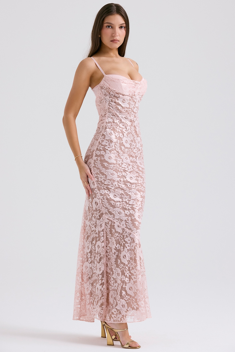 Azzurra  Rose Pink Lace Godet Gown — image 5