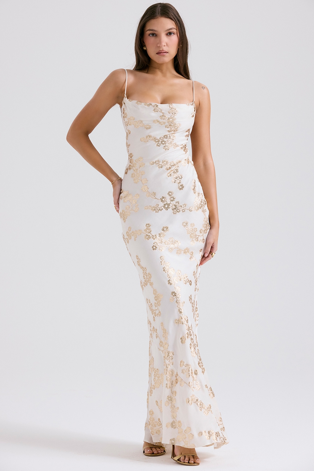 Capriana  White & Gold Jacquard Satin Gown — image 3