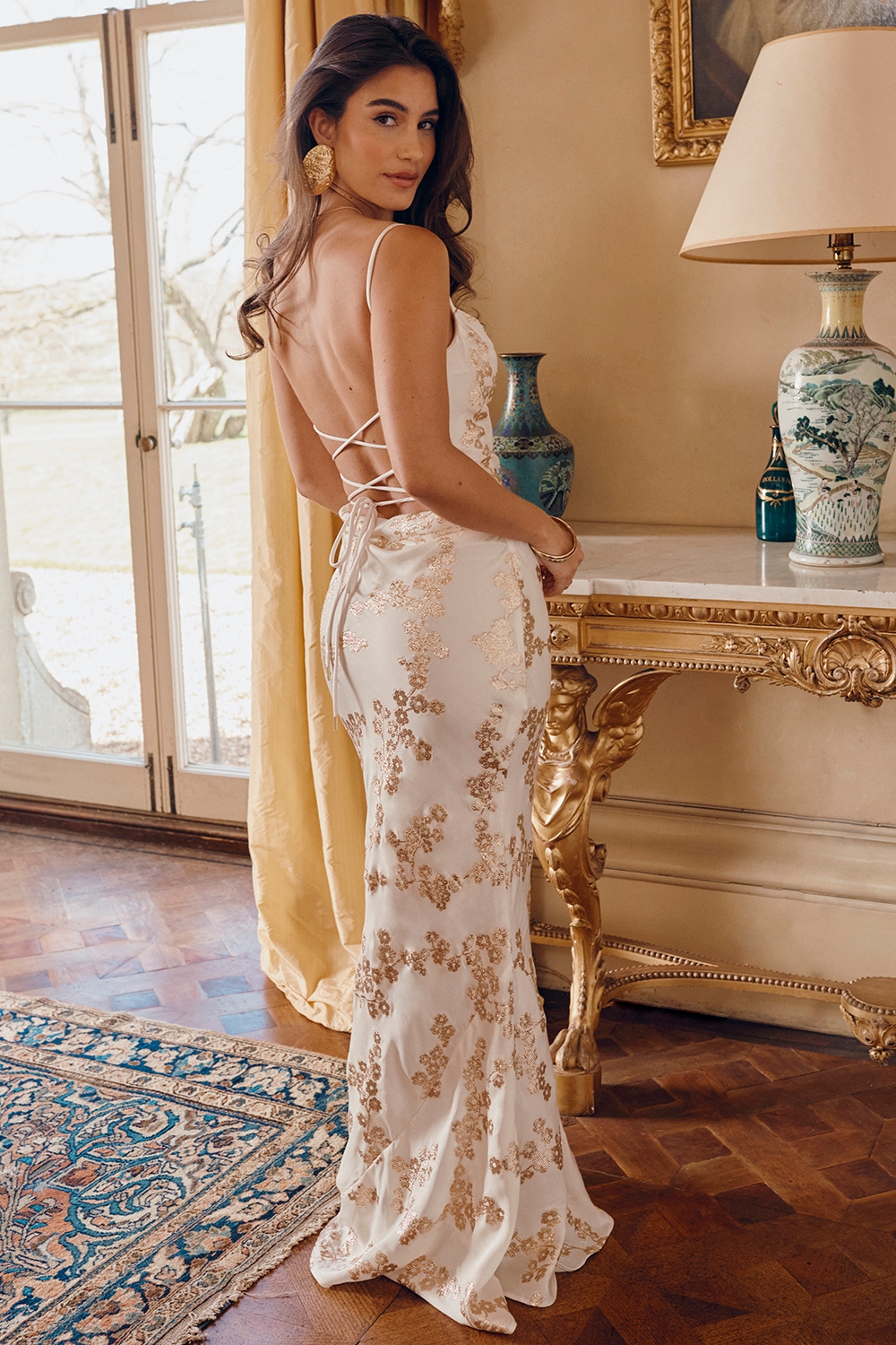 Capriana  White & Gold Jacquard Satin Gown — image 13