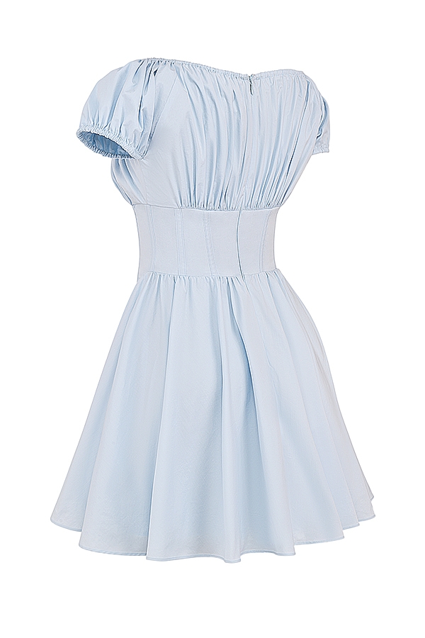 Nala  Soft Blue Cotton Gathered Mini Dress — image 11