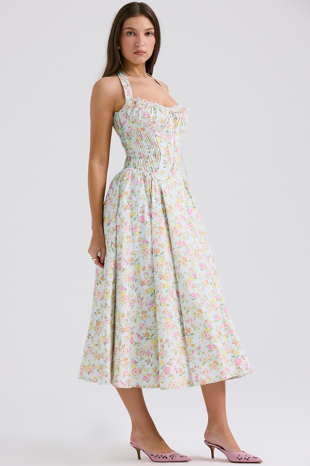 Adabella  Pale Blue Meadow Print Cotton Halter Sundress — image 5