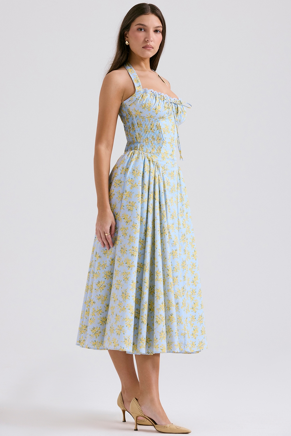 Adabella  Soft Blue Vintage Floral Print Cotton Halter Sundress — image 7