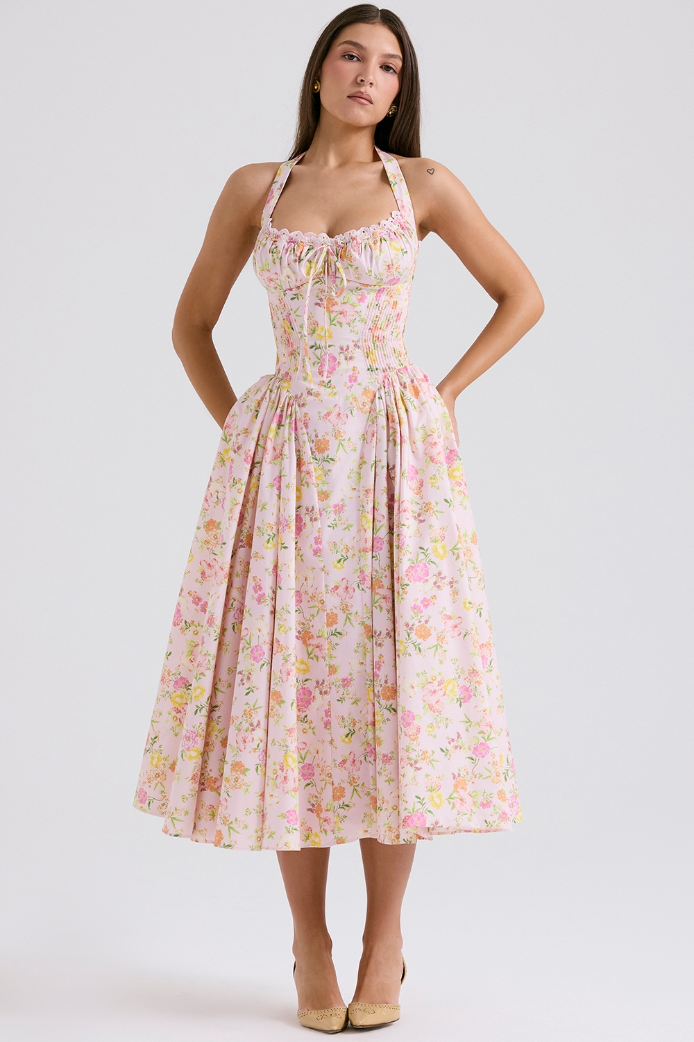 Adabella  Pink Meadow Print Cotton Halter Midi Sundress — image 3