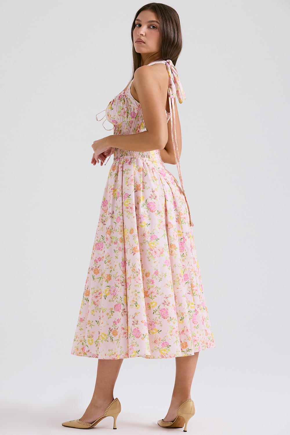 Adabella  Pink Meadow Print Cotton Halter Midi Sundress — image 8