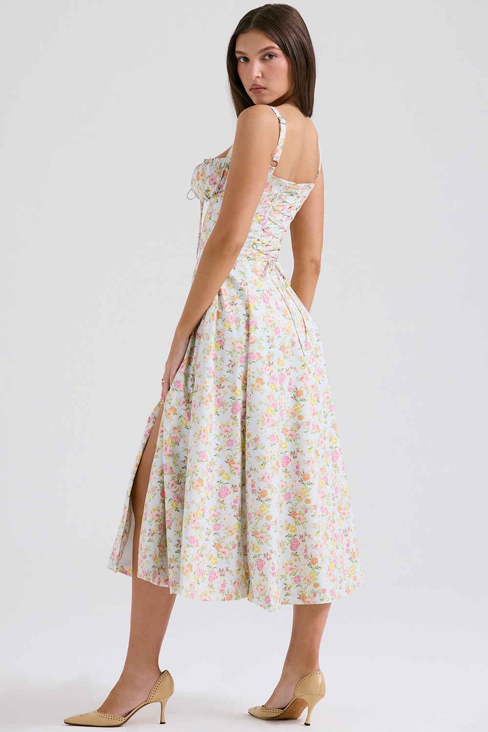 Carmen Pale Blue Meadow Print Cotton Bustier Sundress — image 6