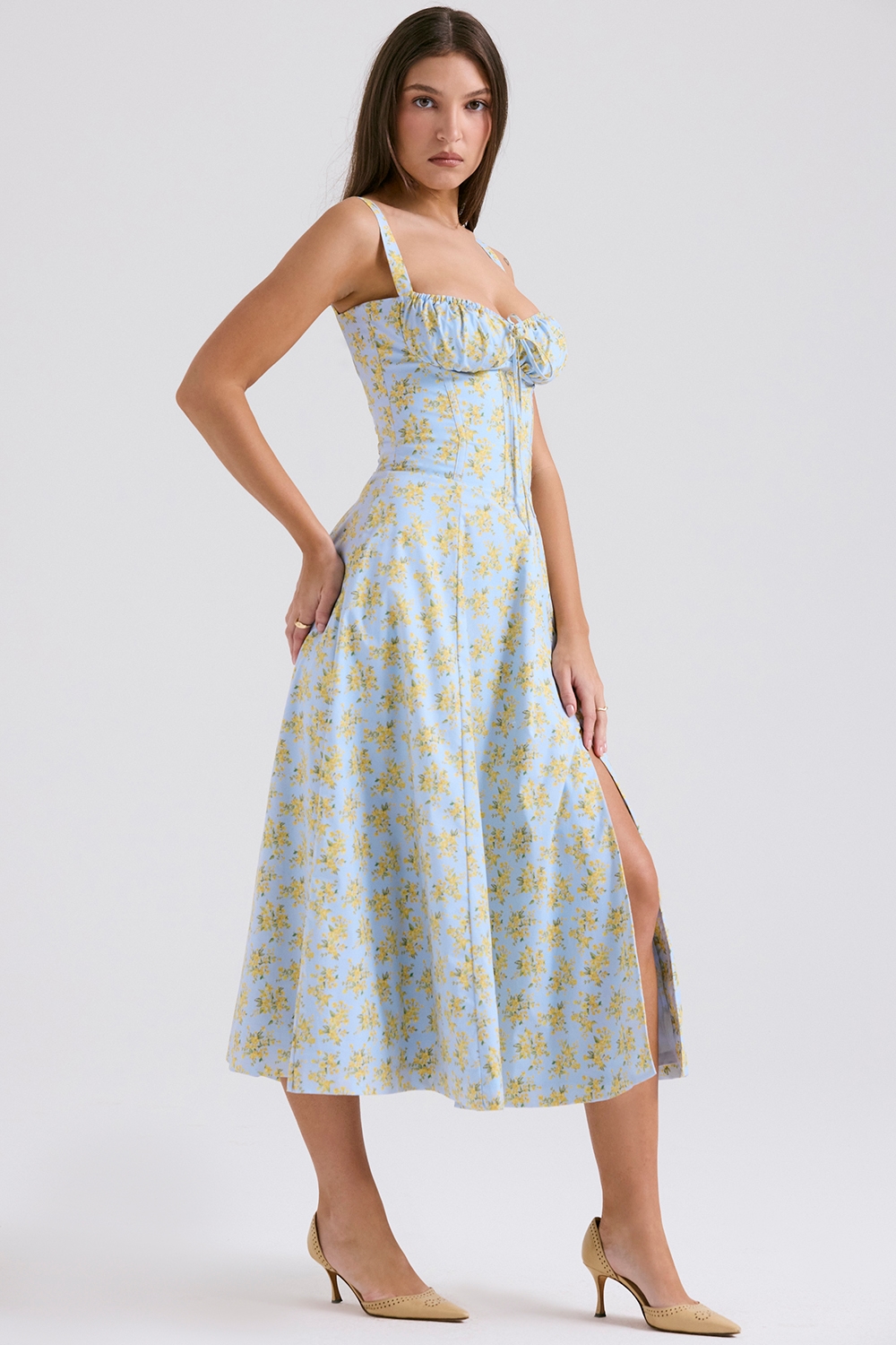 Carmen  Soft Blue Vintage Floral Print Cotton Bustier Sundress — image 3