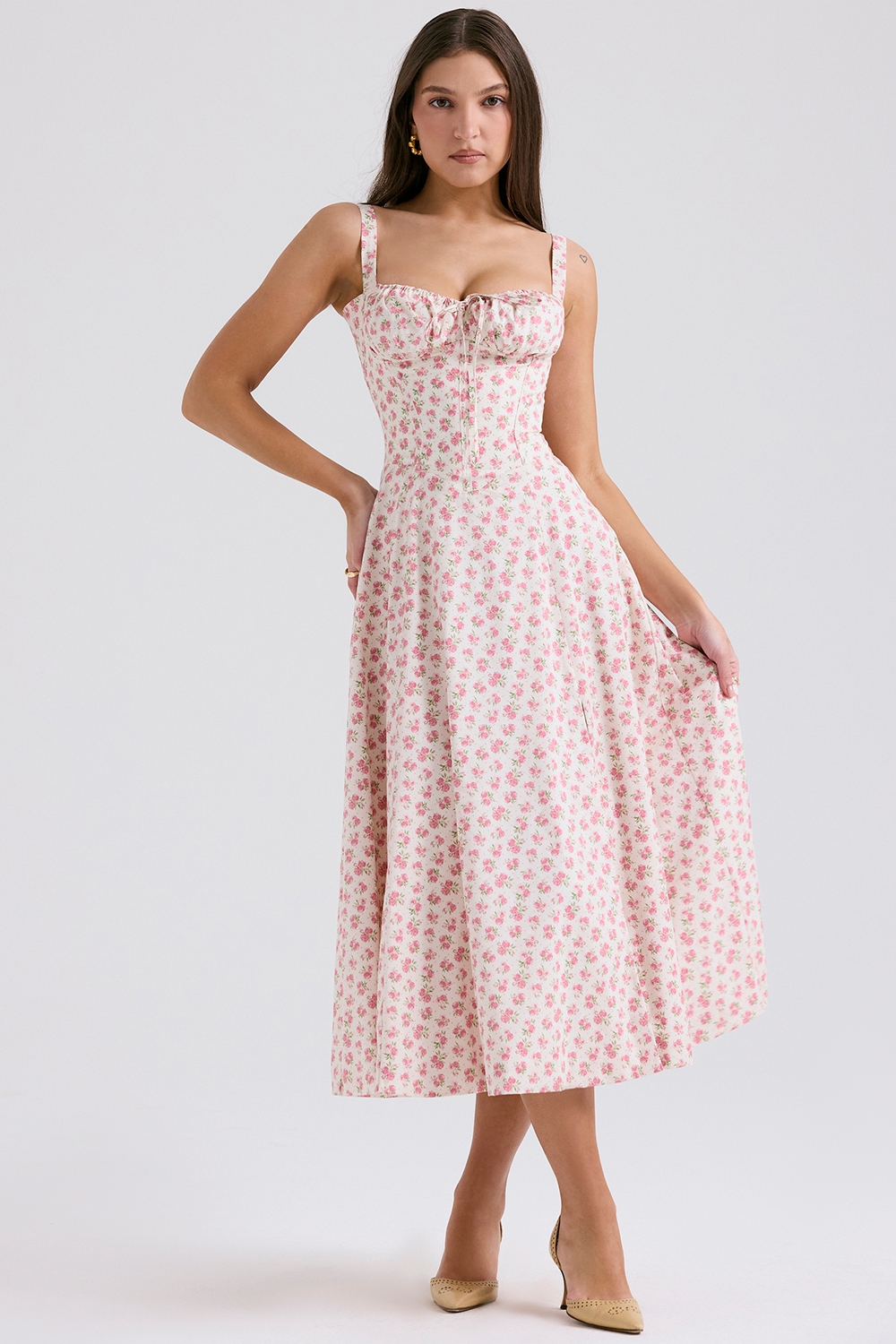 Carmen  White Rosebud Print Cotton Bustier Sundress — image 6