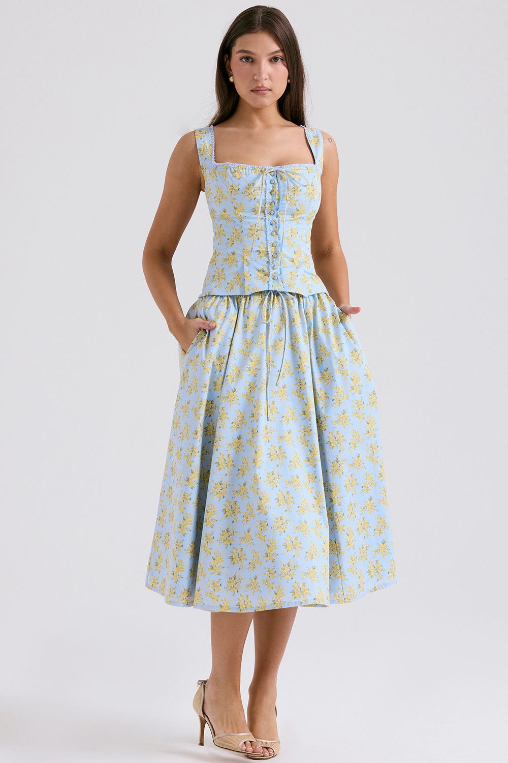 Cora  Soft Blue Vintage Floral Print Cotton Midi Skirt — image 3