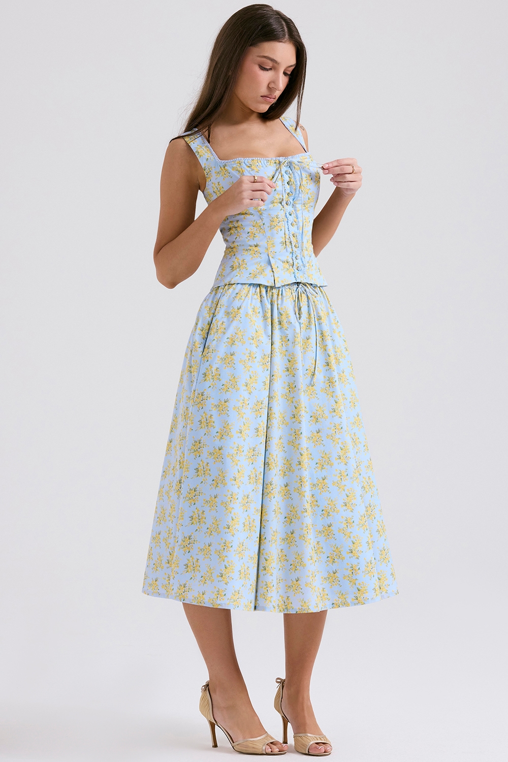 Cora  Soft Blue Vintage Floral Print Cotton Midi Skirt — image 7