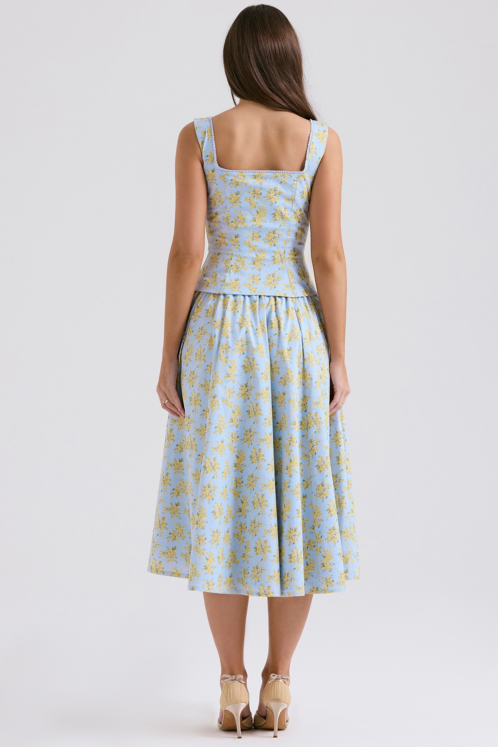 Cora  Soft Blue Vintage Floral Print Cotton Midi Skirt — image 9
