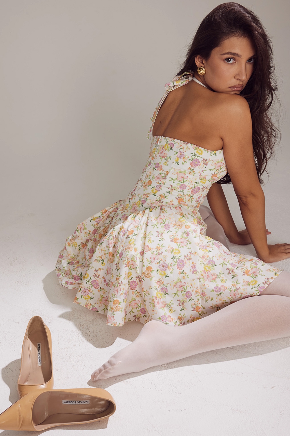 Valentia  Ivory Meadow Print Cotton Halter Mini Dress — image 11