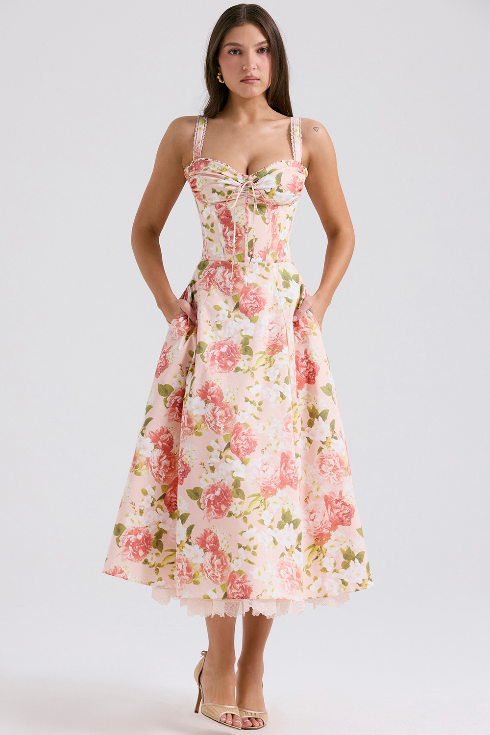 Rosalee  Pink Peony Print Cotton Bustier Sundress — image 2