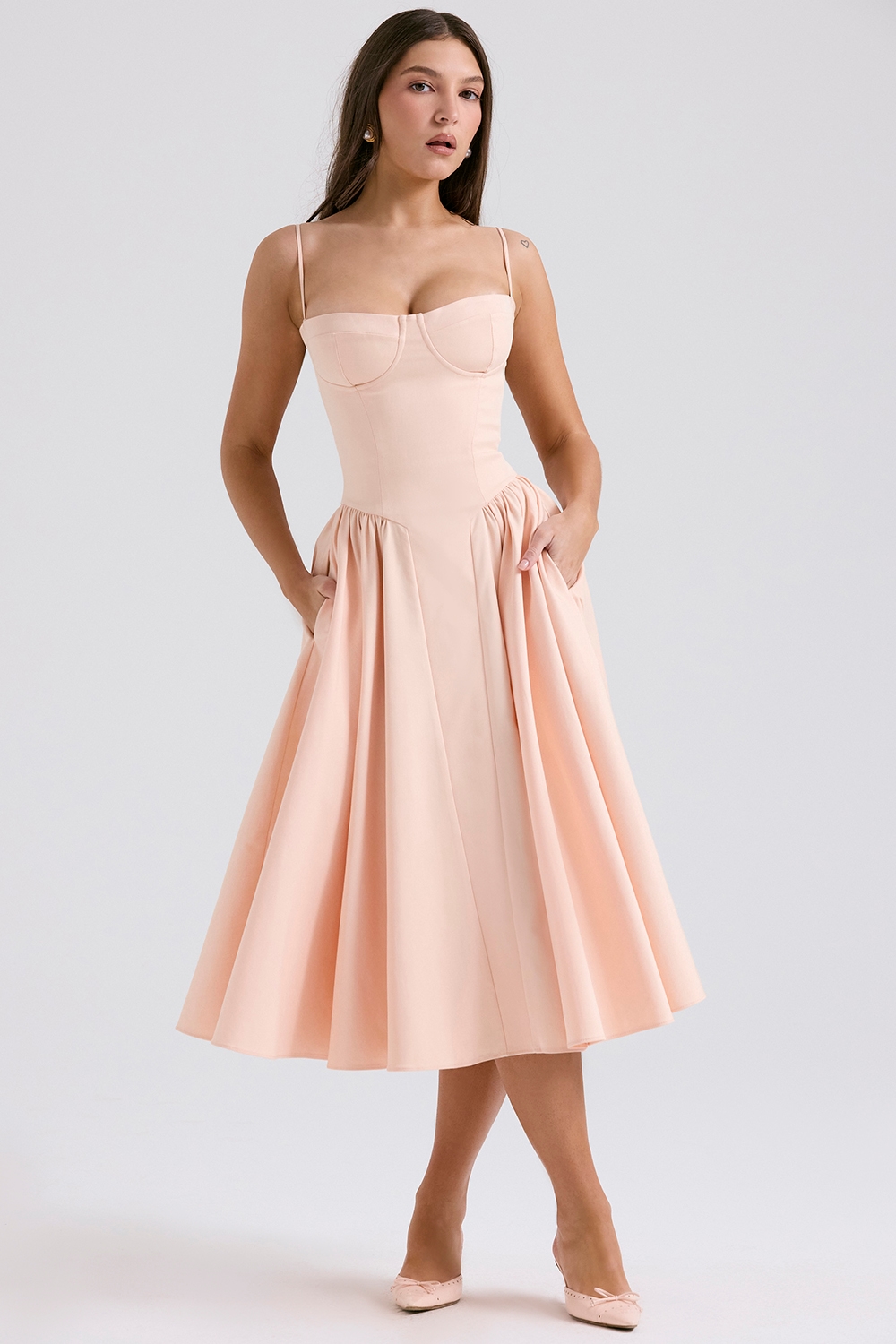 Samaria  Peach Parfait Twill Corset Midi Dress — image 5