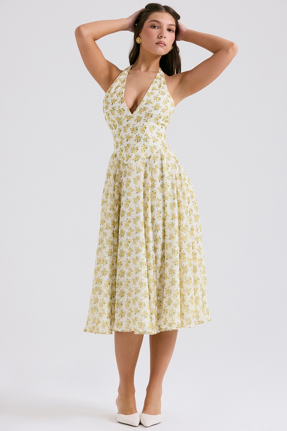Solada  Ivory Vintage Floral Print Georgette Halter Sundress — image 5