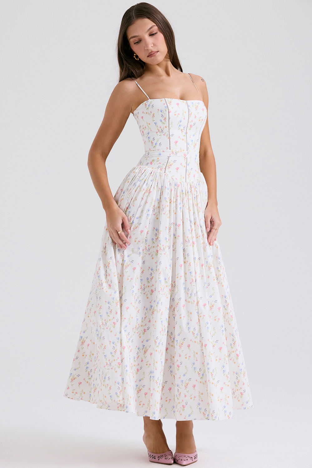 Ysabella  White Posy Print Cotton Maxi Sundress — image 3