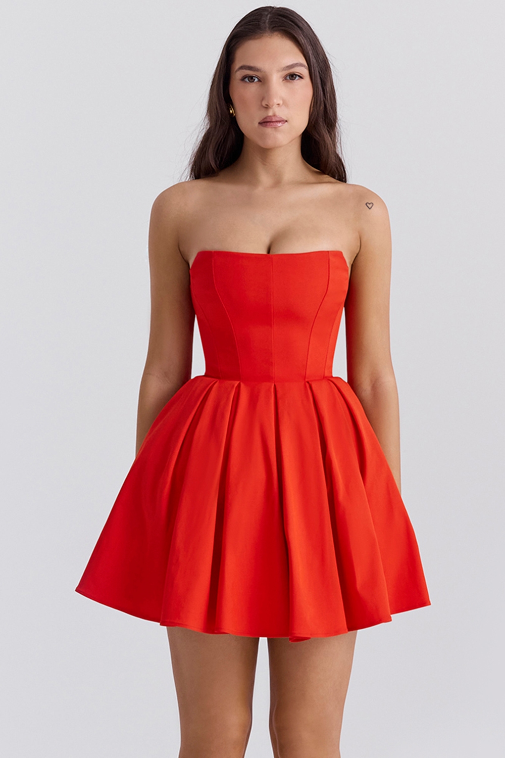 Emmanuela  Italian Tomato Strapless Pleated Mini Dress — image 1