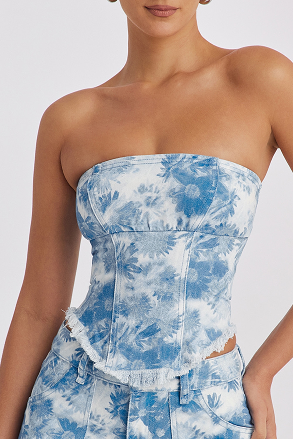 Mistress Rocks Blue Floral Print Strapless Denim Top - SALE
