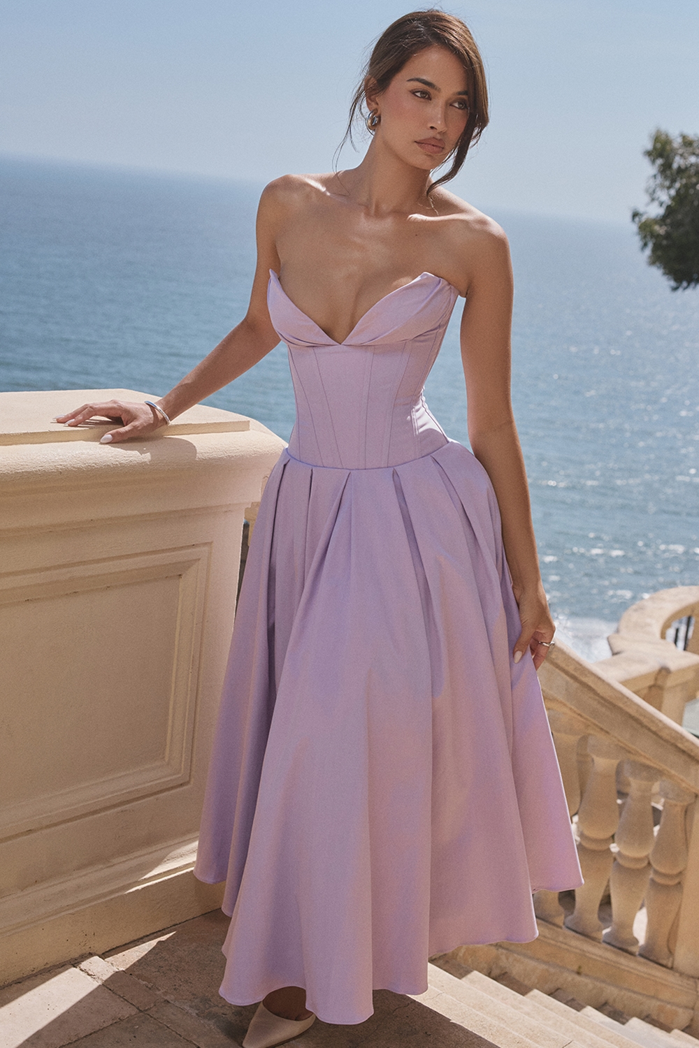 Lady  Orchid Twill Strapless Tulle Midi Dress — image 1
