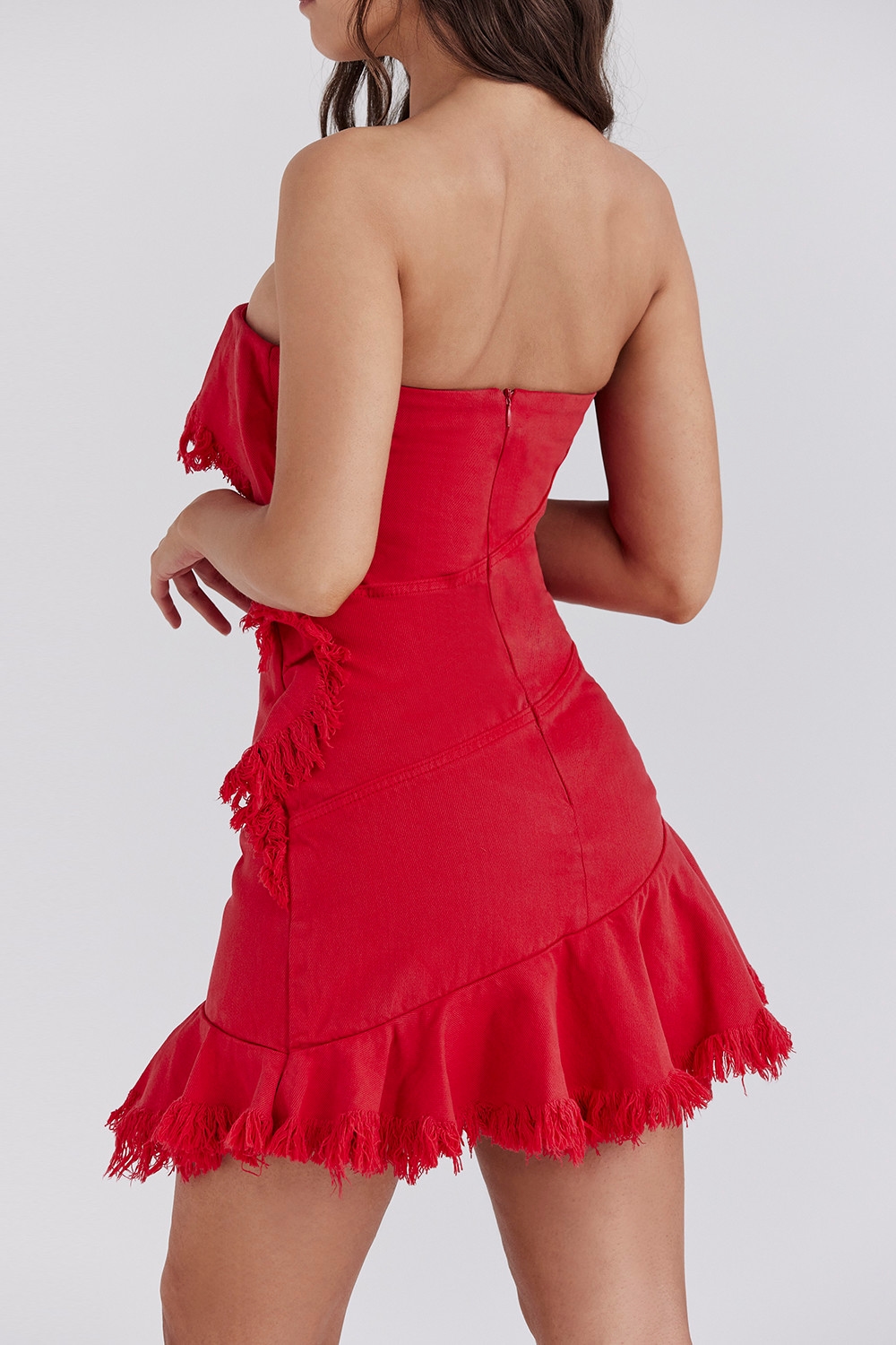 Mistress Rocks Red Frayed Denim Strapless Mini Dress - SALE — image 7
