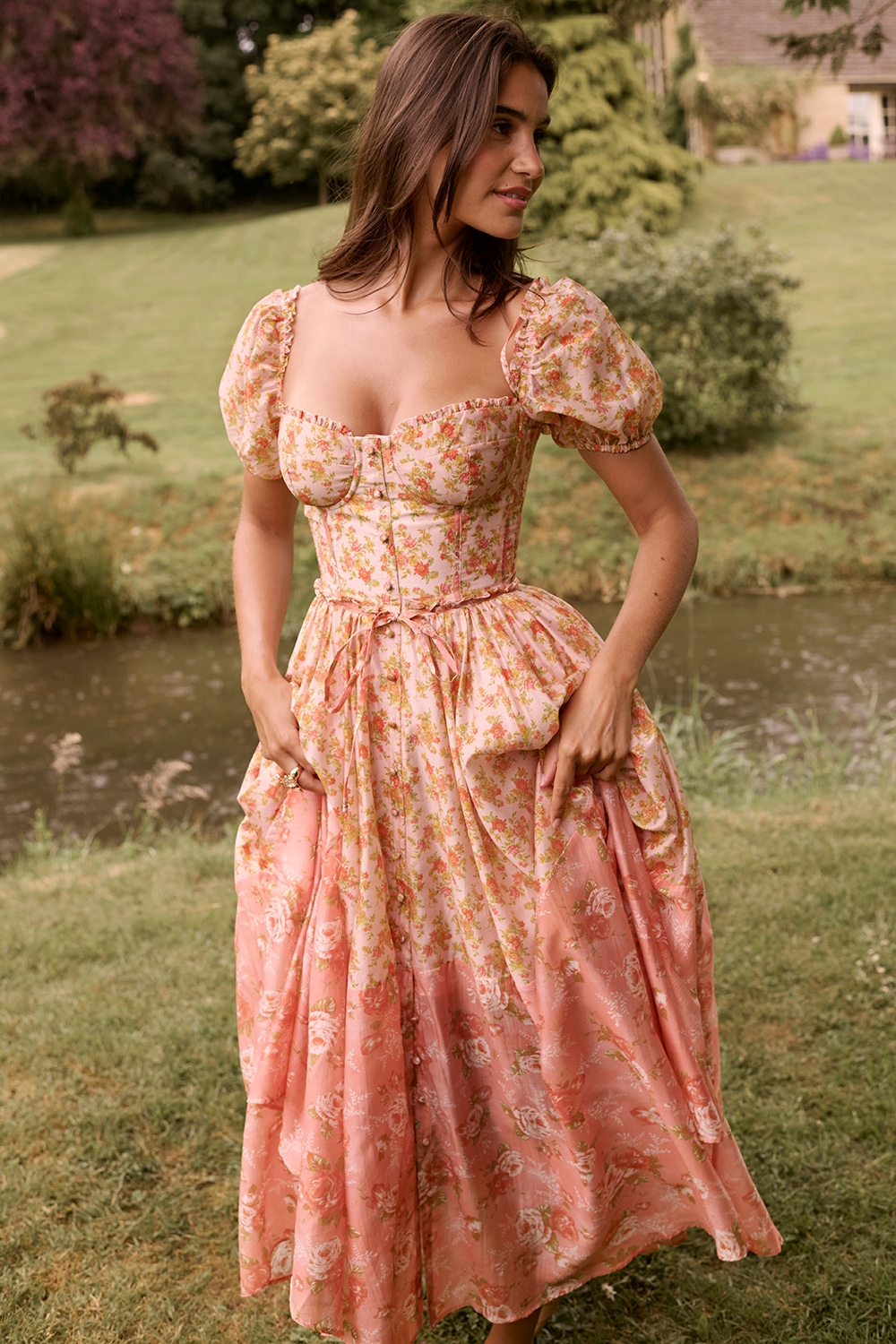 Penelope  Peach Poppy Print Puff Sleeve Midi Sundress — image 2