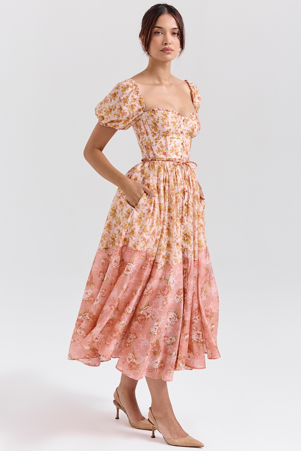 Penelope  Peach Poppy Print Puff Sleeve Midi Sundress — image 6