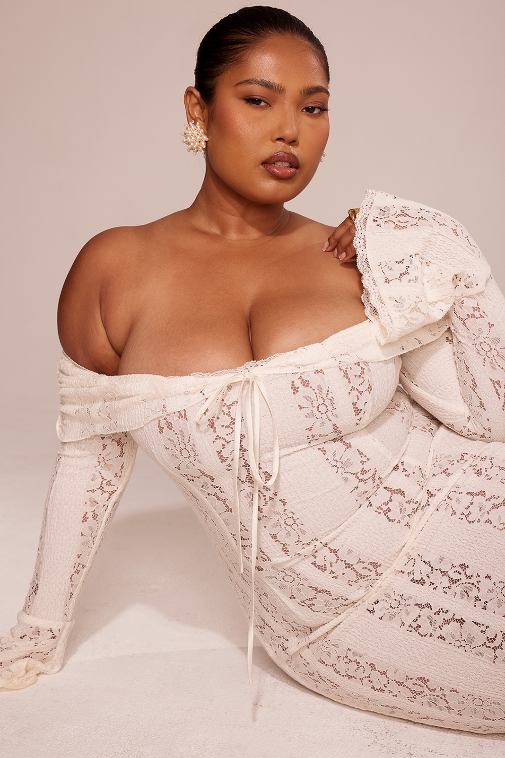 Belle  Vintage Cream Floral Lace Off Shoulder Maxi Dress — image 8