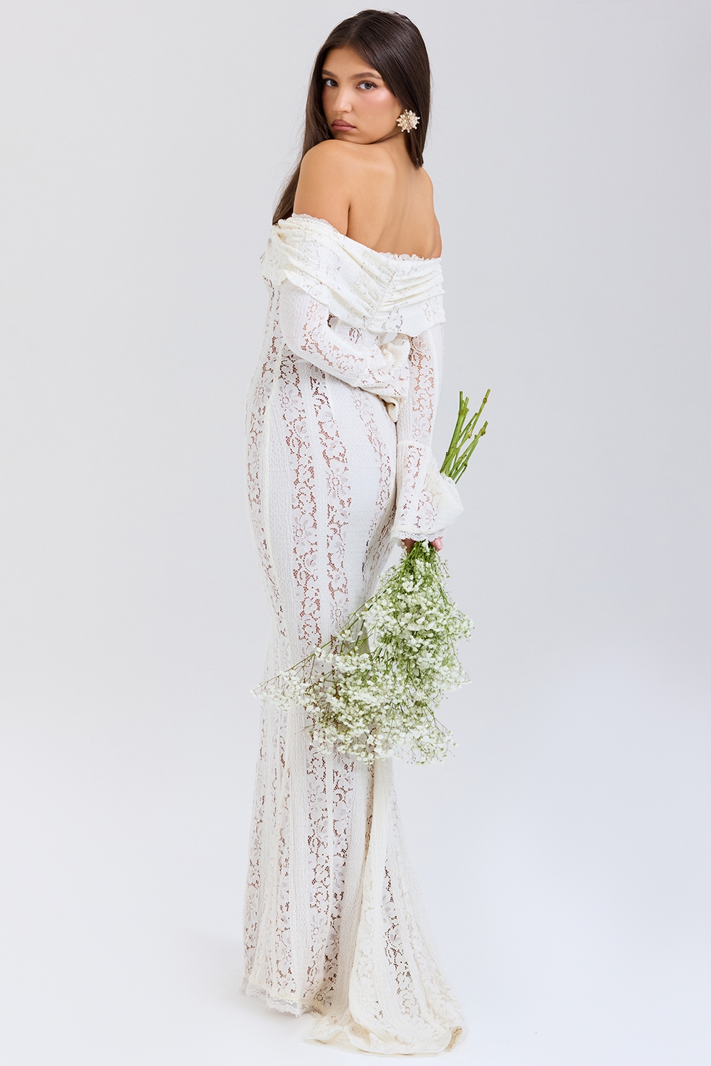 Belle  Vintage Cream Floral Lace Off Shoulder Maxi Dress — image 6