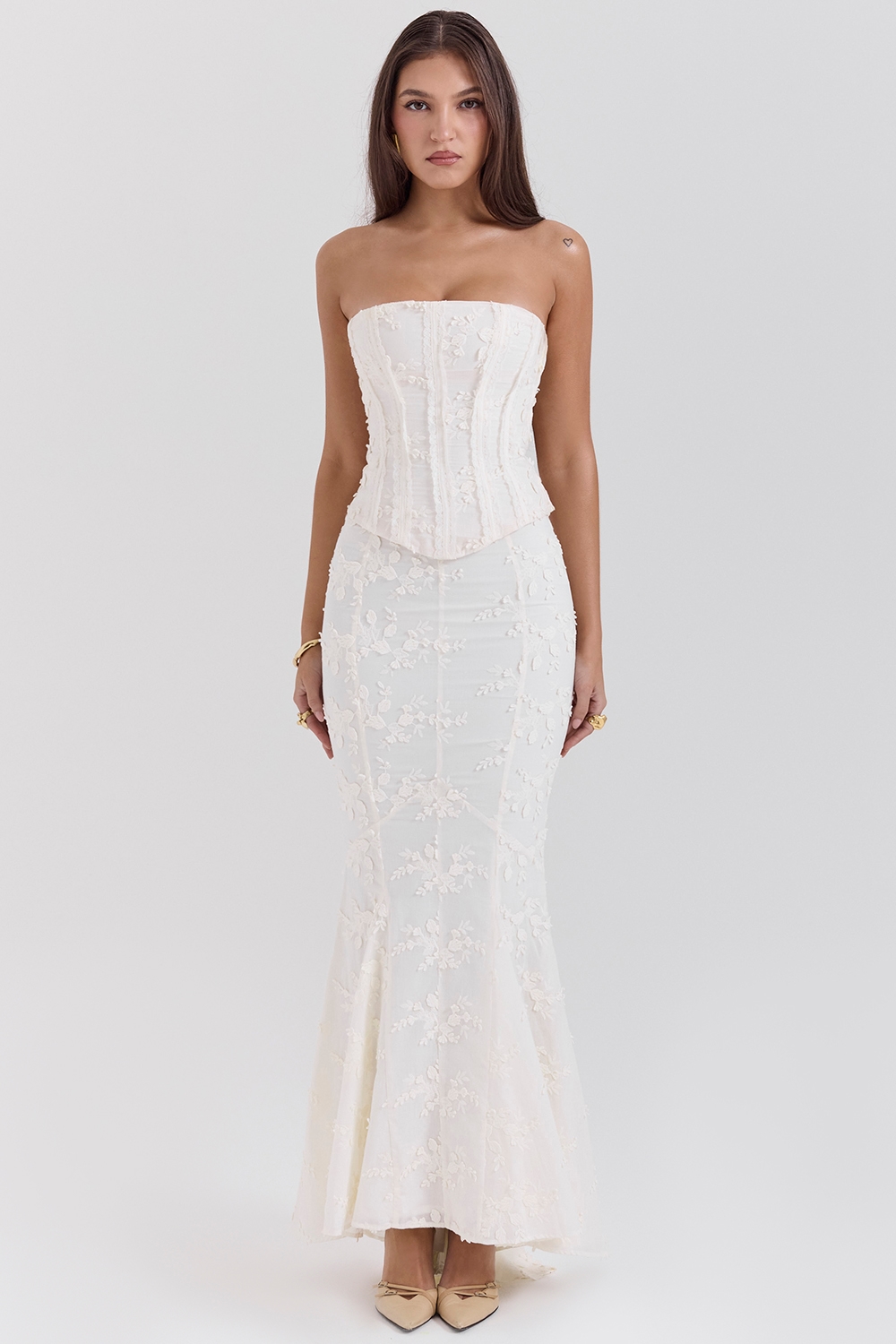 Veronica Vintage Ivory Embroidered Godet Maxi Skirt