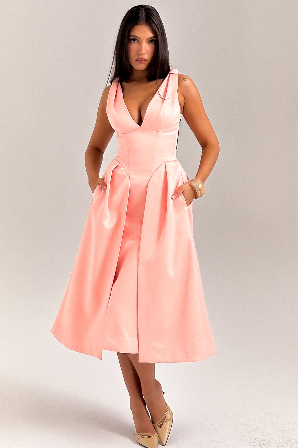 Paloma  Peach Satin Pleated Midi Dress — image 11