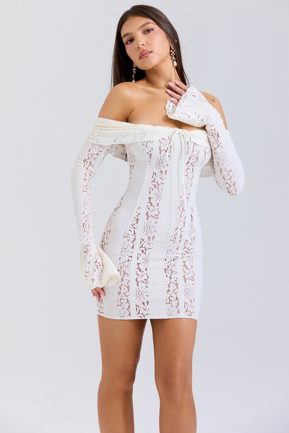 Sadie  Vintage Cream Floral Lace Off Shoulder Mini Dress — image 5