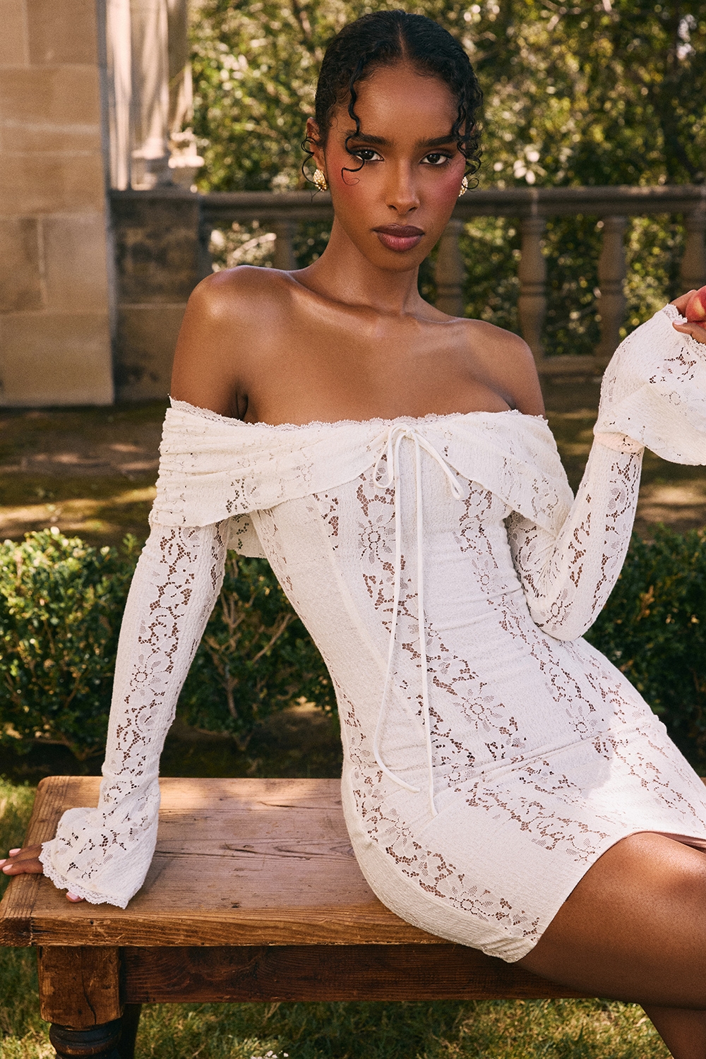 Sadie  Vintage Cream Floral Lace Off Shoulder Mini Dress — image 2