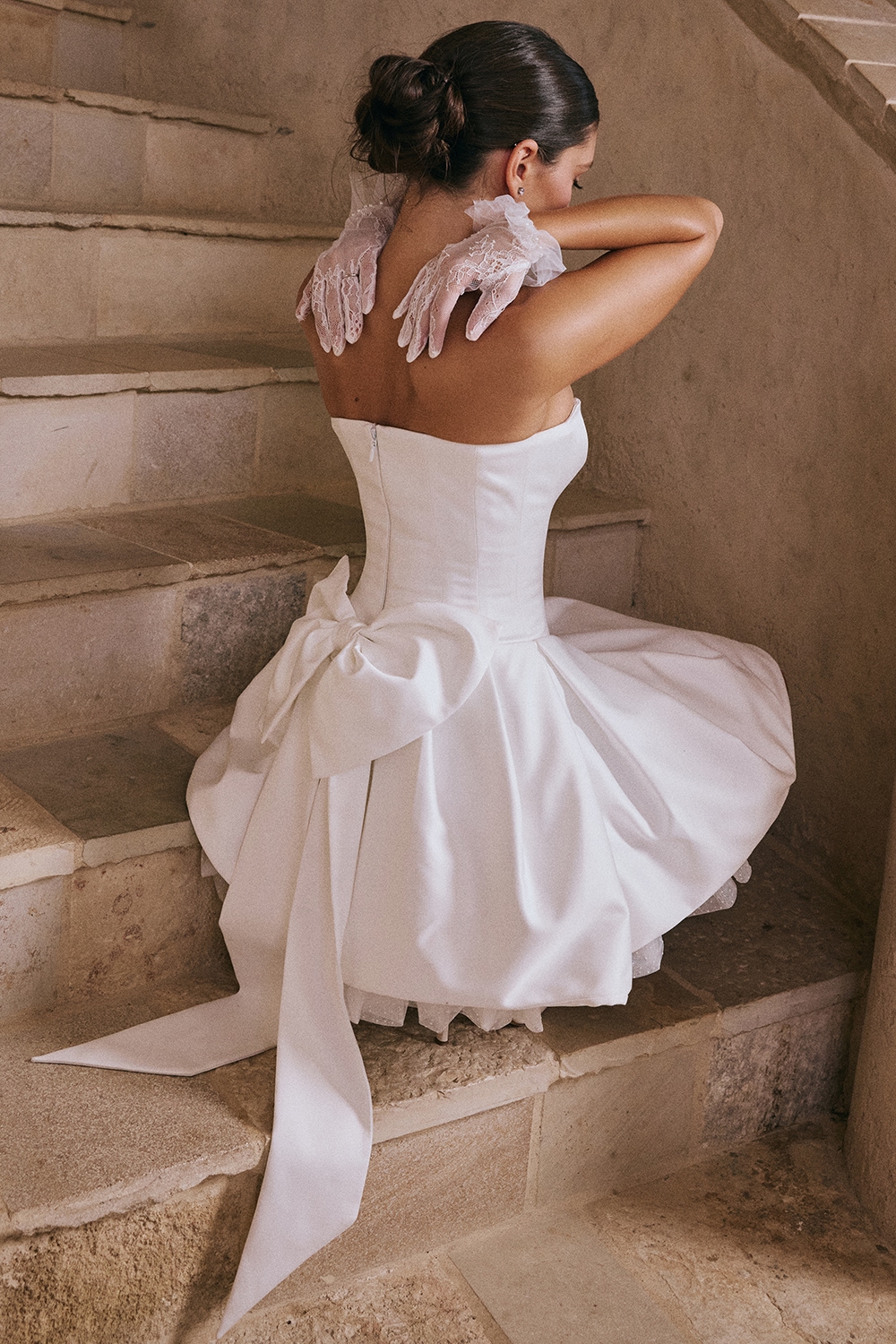 Noele  White Satin Strapless Bow Mini Gown — image 12