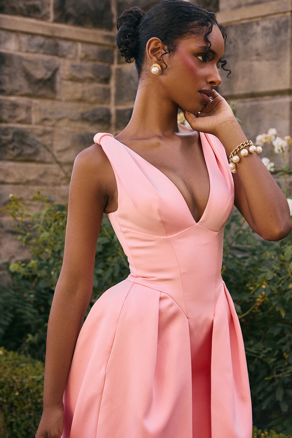 Paloma  Peach Satin Pleated Midi Dress — image 2