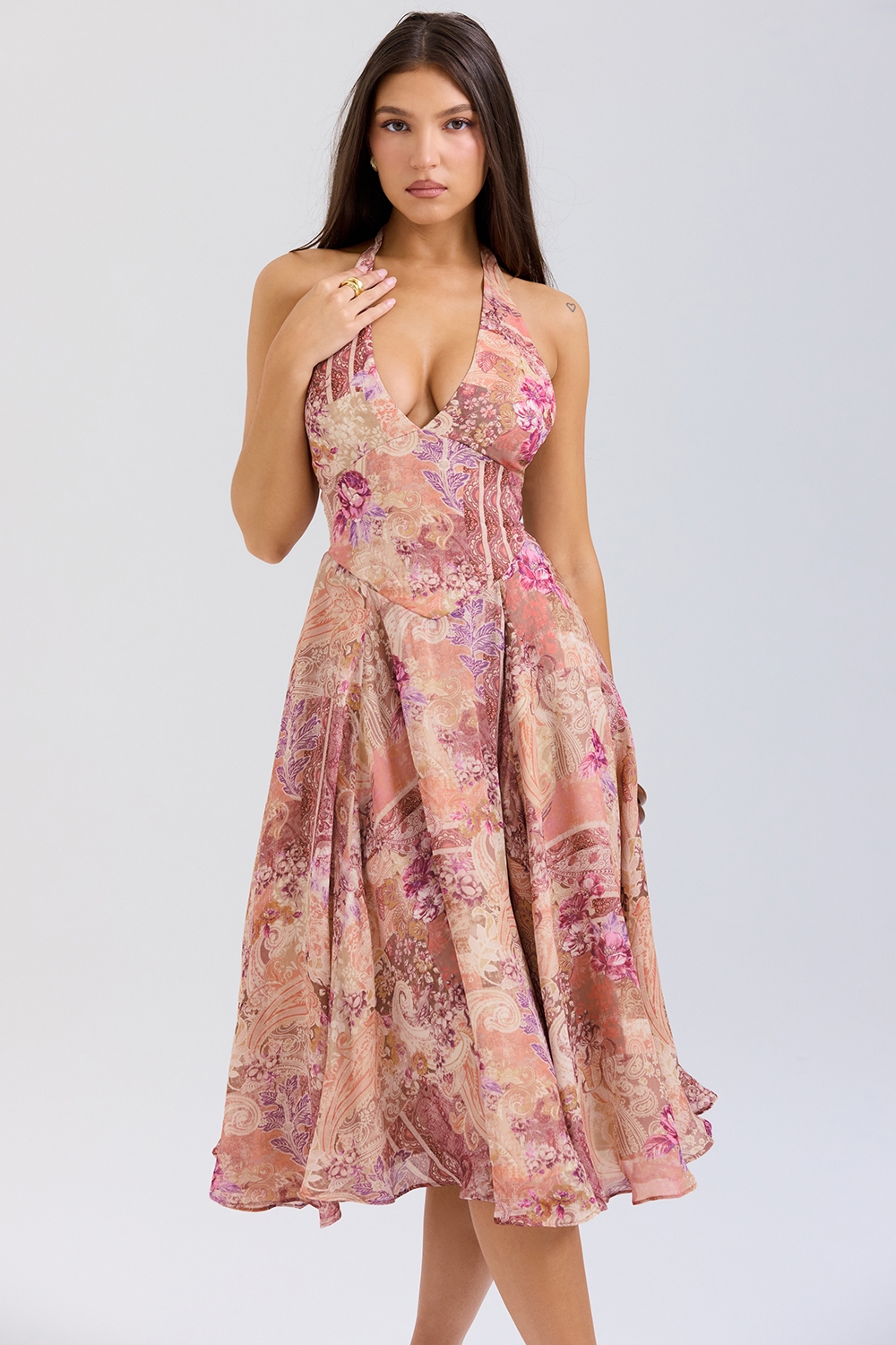 Solada  Paisley Patchwork Print Georgette Halter Sundress — image 5