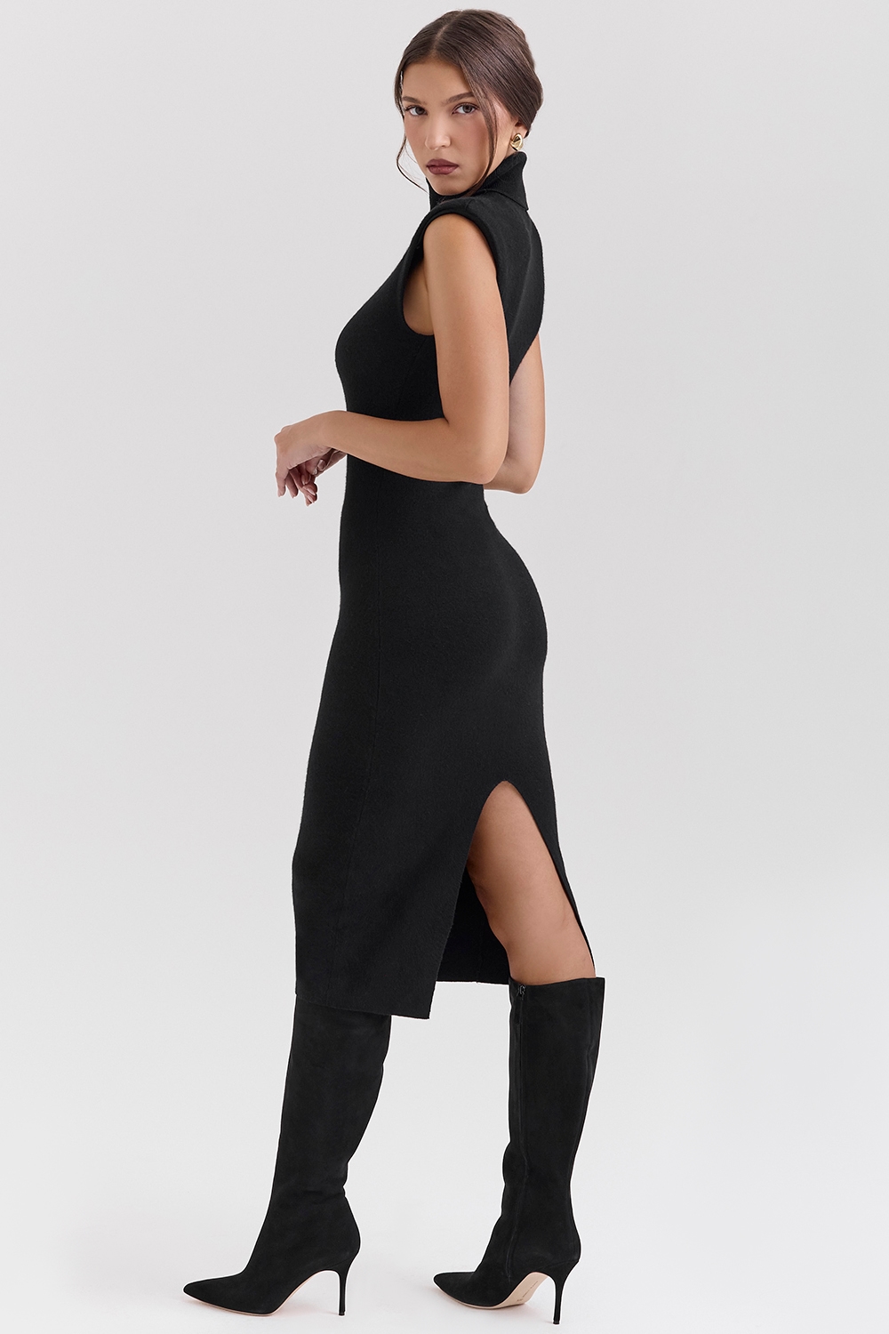 Gaia  Black Cashmere Blend Turtle Neck Midi Dress — image 6