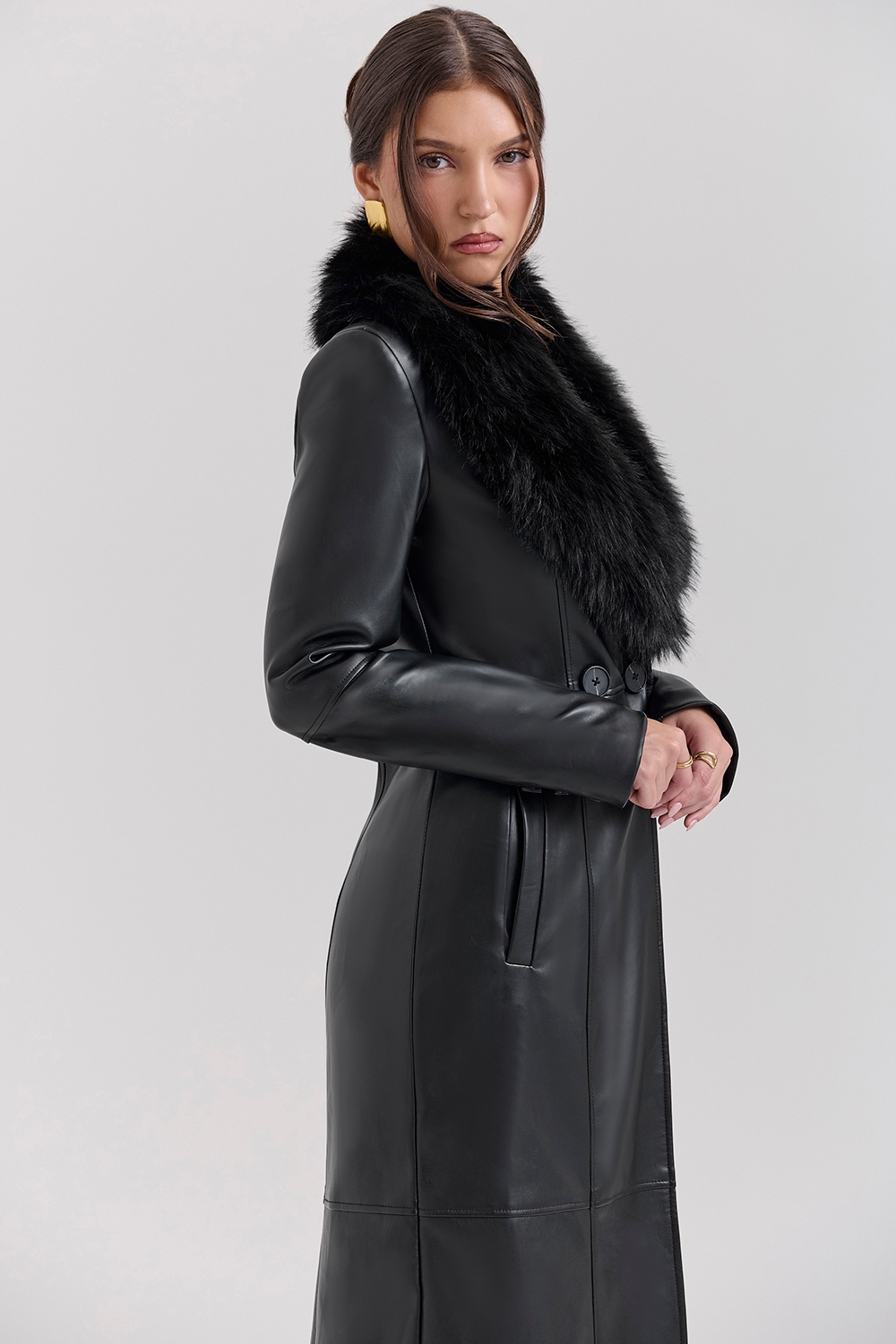 Marcel  Black Faux Fur Trimmed Vegan Leather Coat — image 3