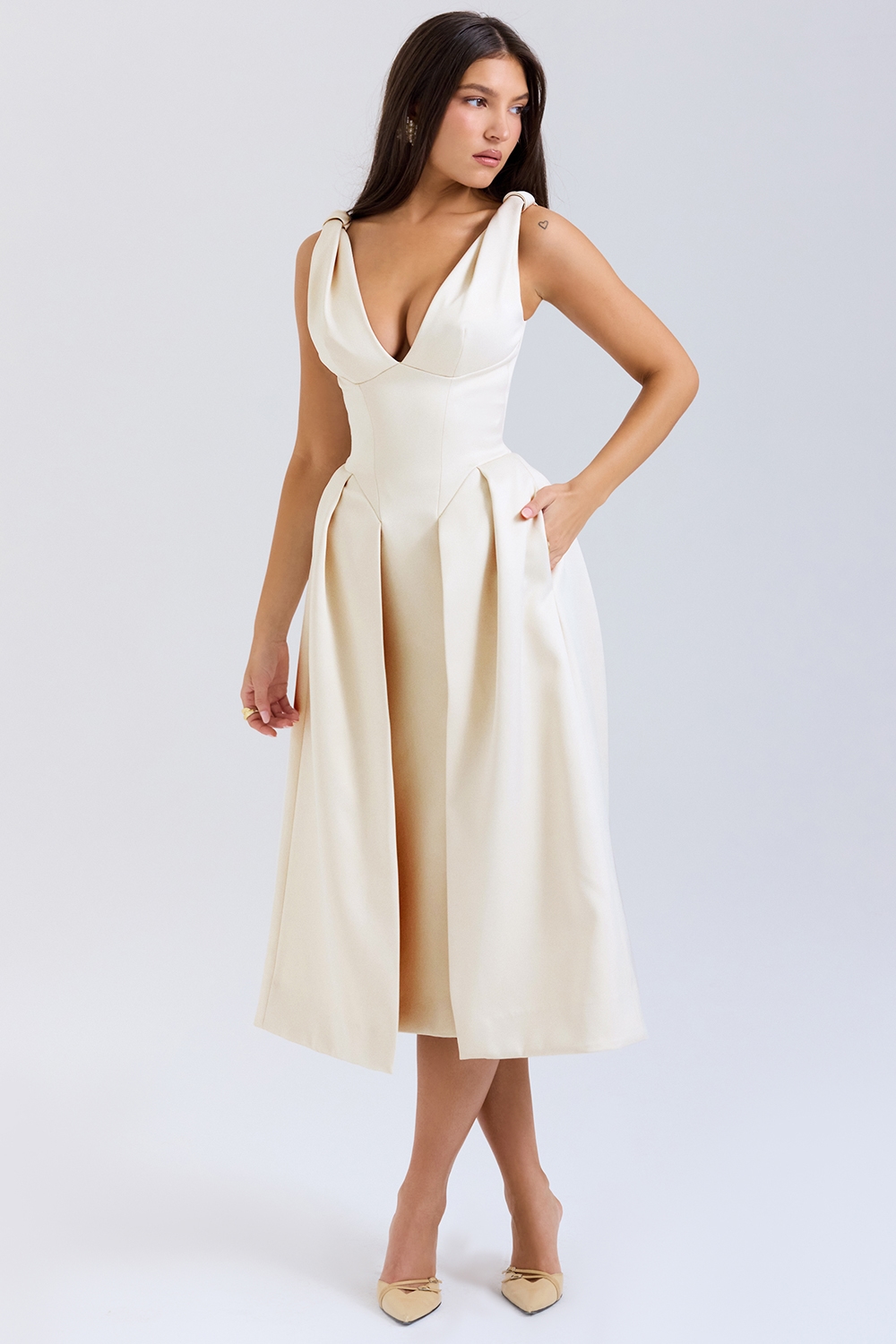 Paloma  Vintage Cream Satin Pleated Midi Dress — image 6