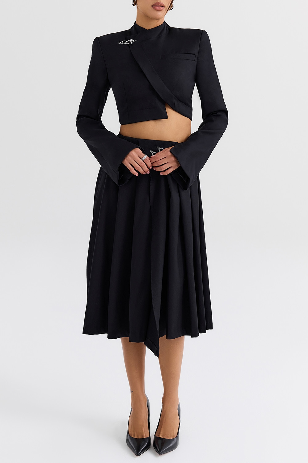 Mistress Rocks Black Pleated Wrap Front Midi Skirt - SALE — image 4