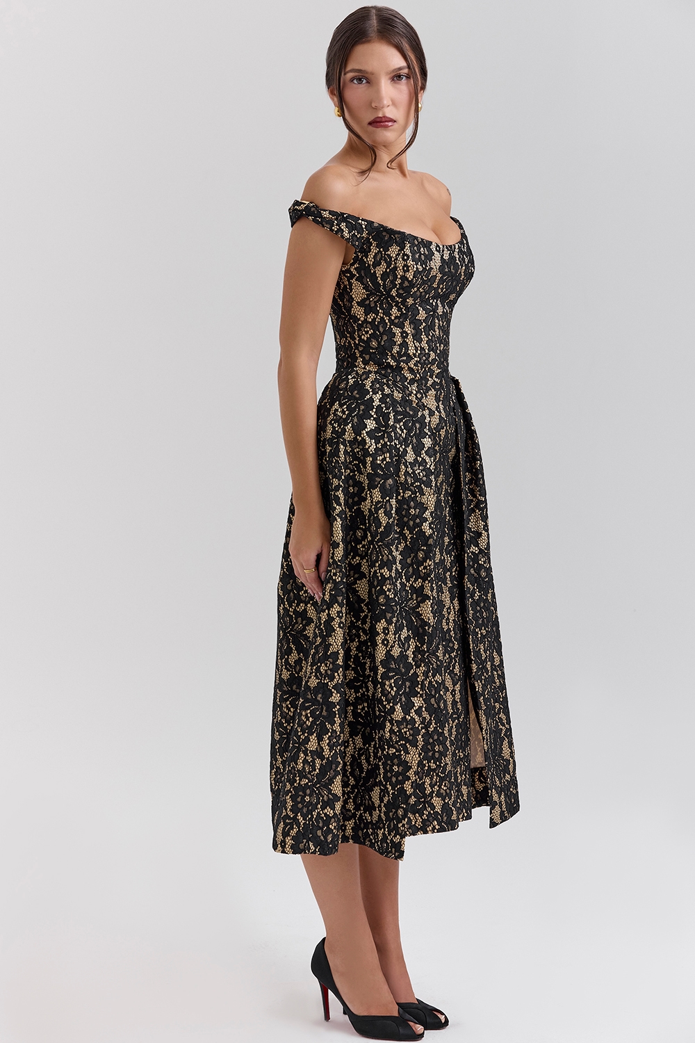 Charming  Black Gold Lace Off Shoulder Midi Gown — image 5