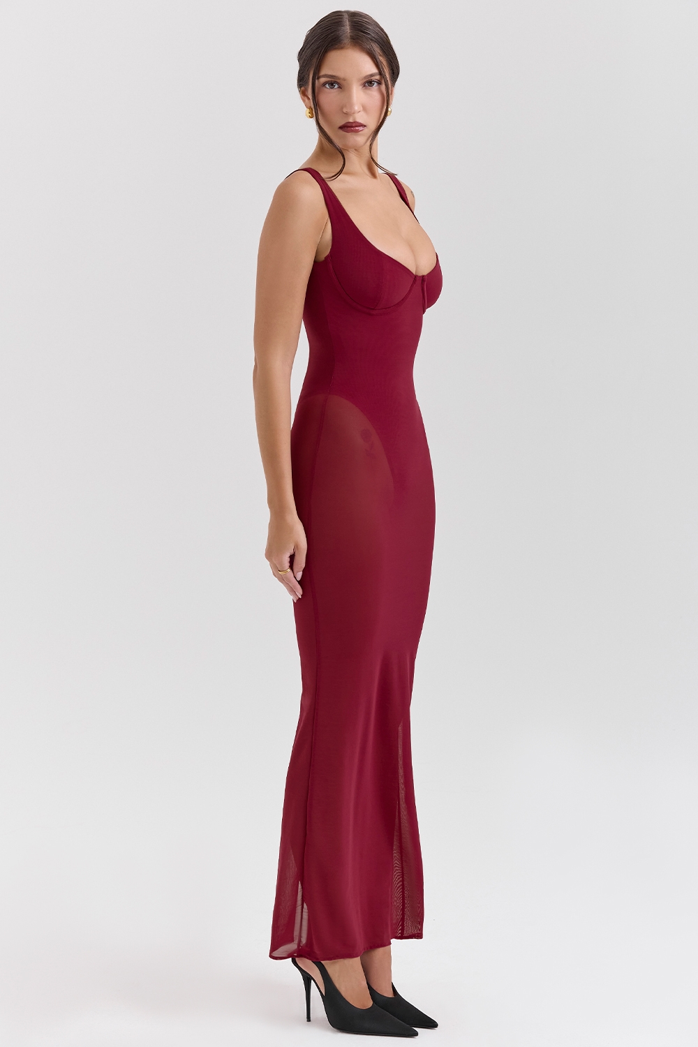 Robina  Wine Stretch Mesh Maxi Dress — image 5