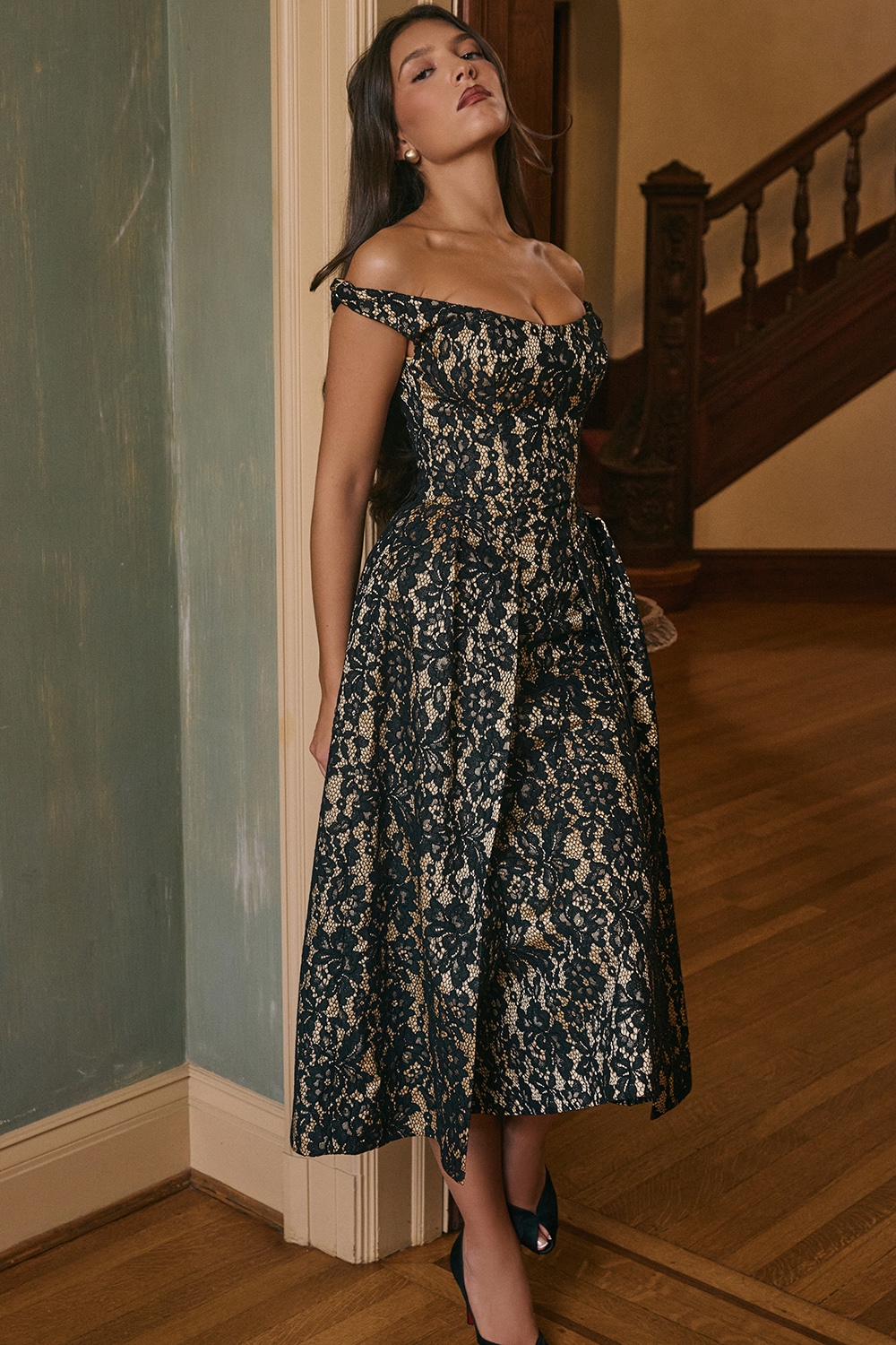 Charming  Black Gold Lace Off Shoulder Midi Gown — image 8