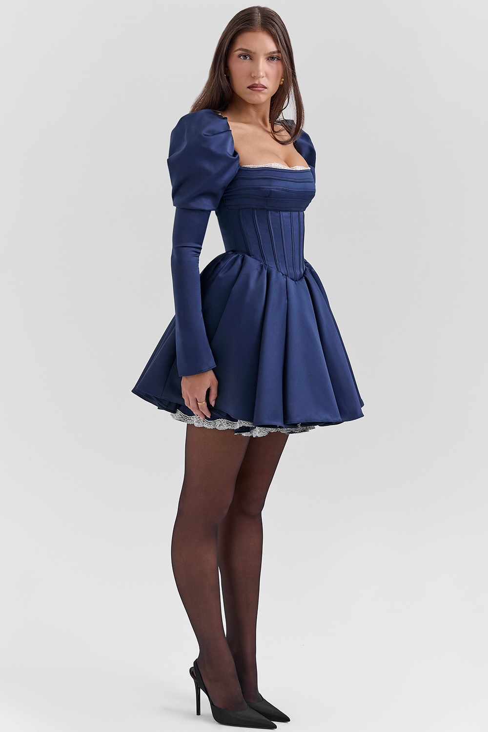 Venetia  Midnight Satin Puff Sleeve Mini Dress — image 5