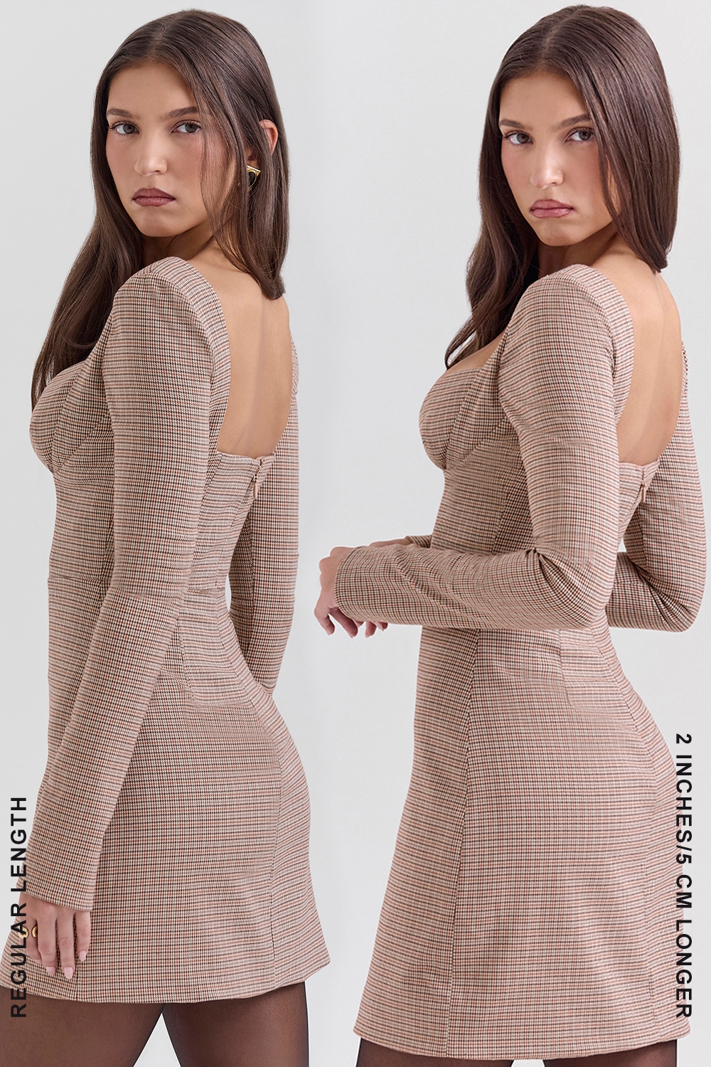 Angelie  Brown Puppytooth Check Plunge Mini Dress — image 8