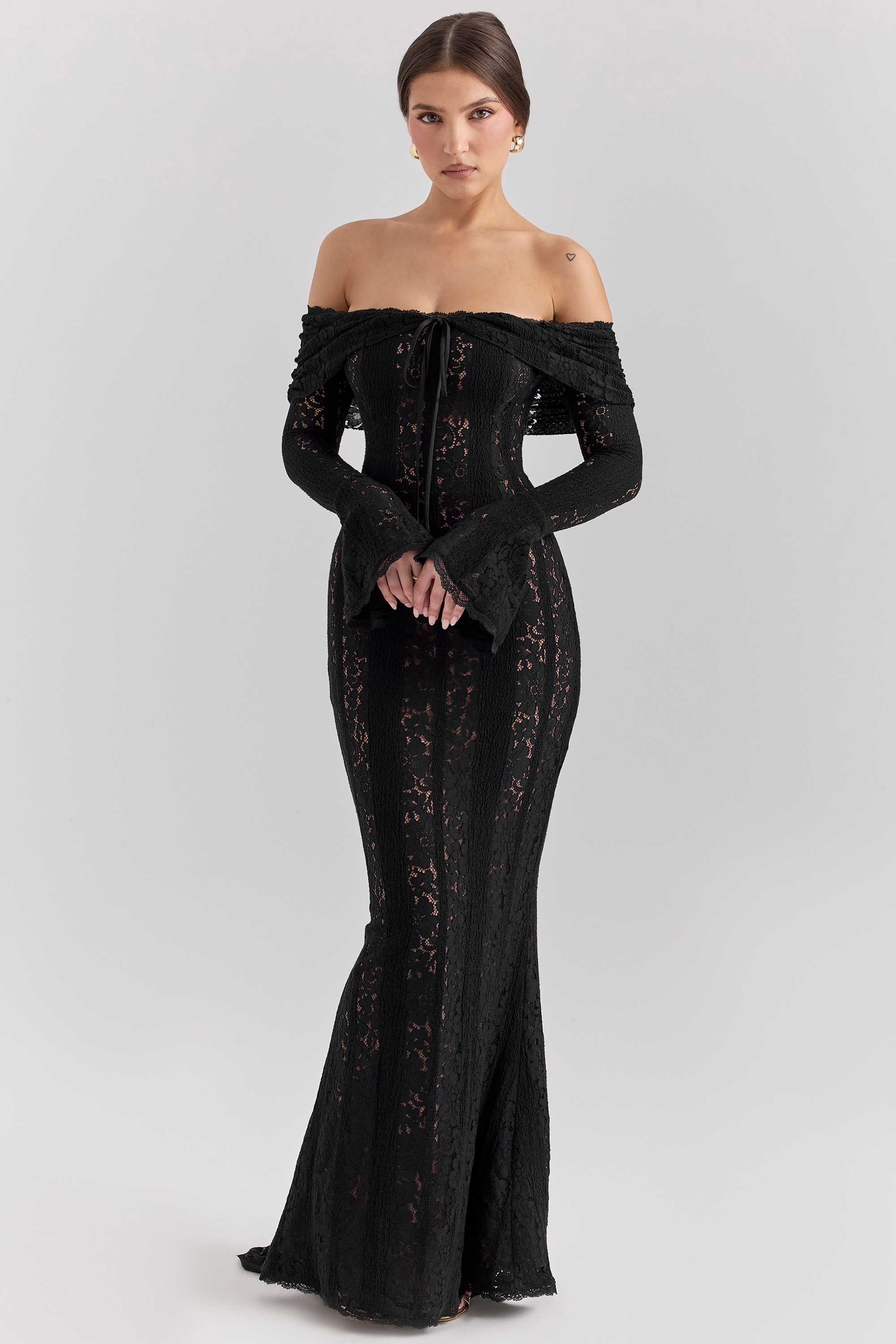 Belle  Black Off Shoulder Floral Lace Maxi Dress — image 1