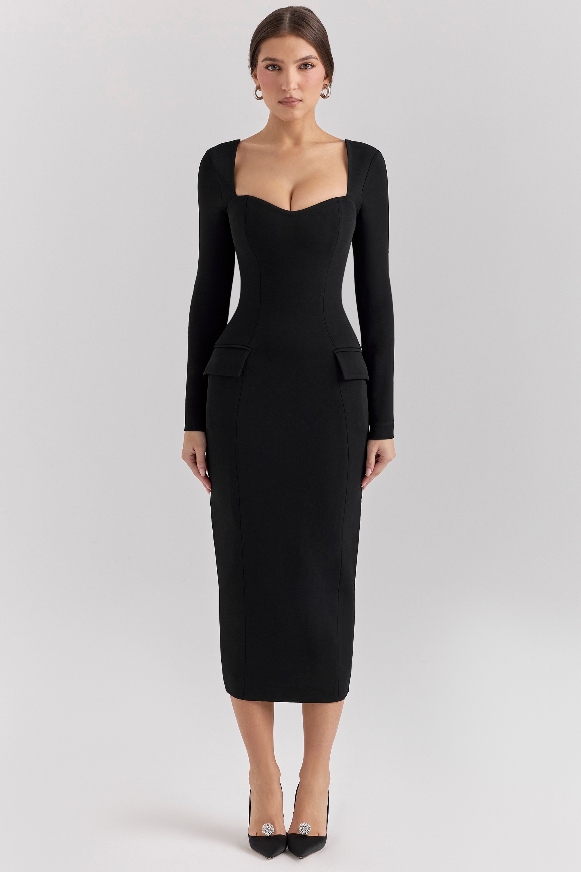 Ella  Black Stretch Crepe Long Sleeve Midi Dress — image 3